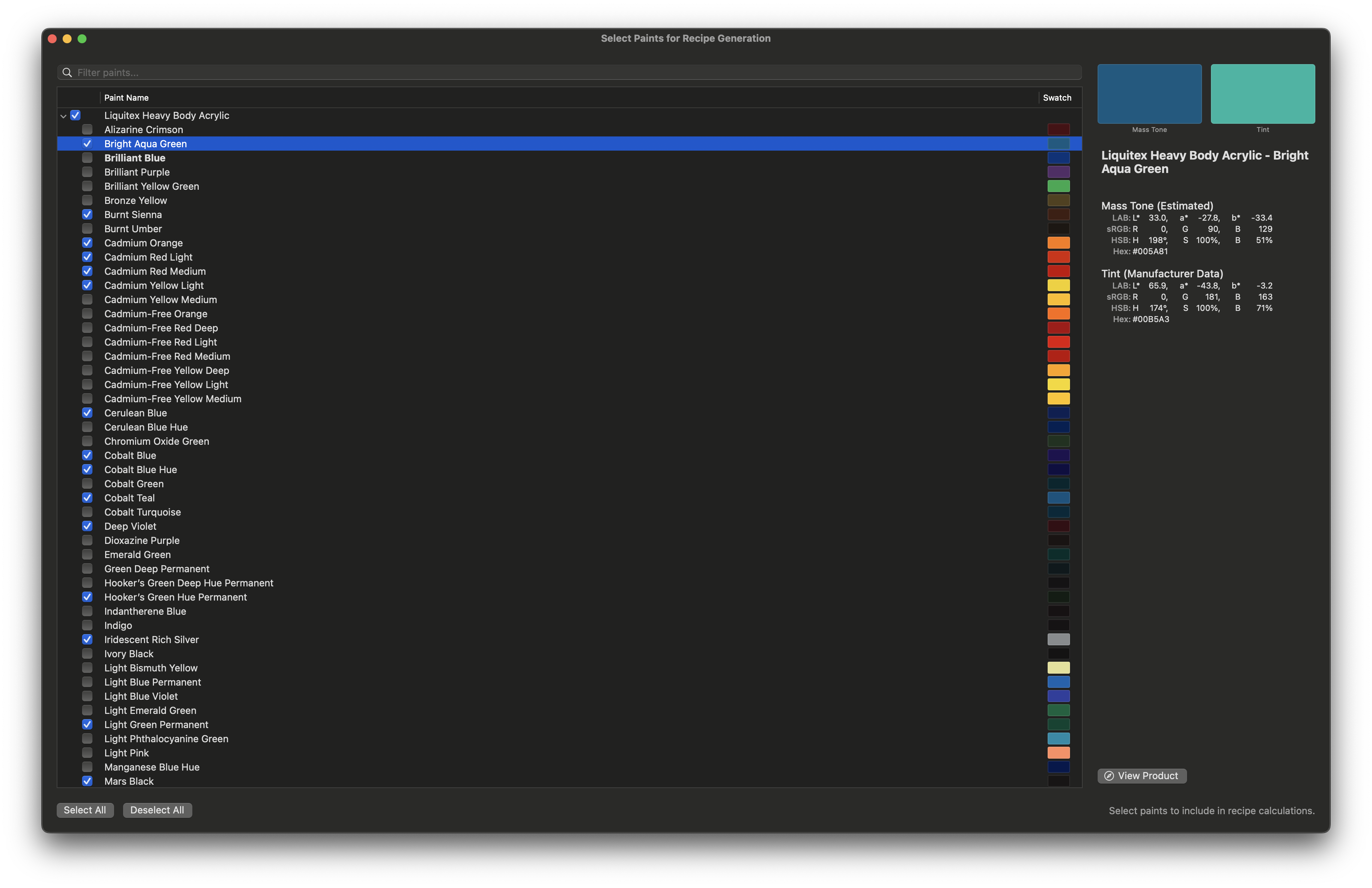 Paint Layers Select Paints window