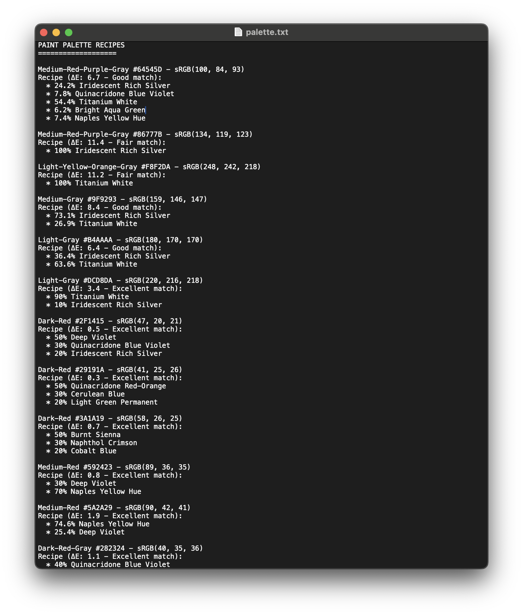 Paint mixing recipes